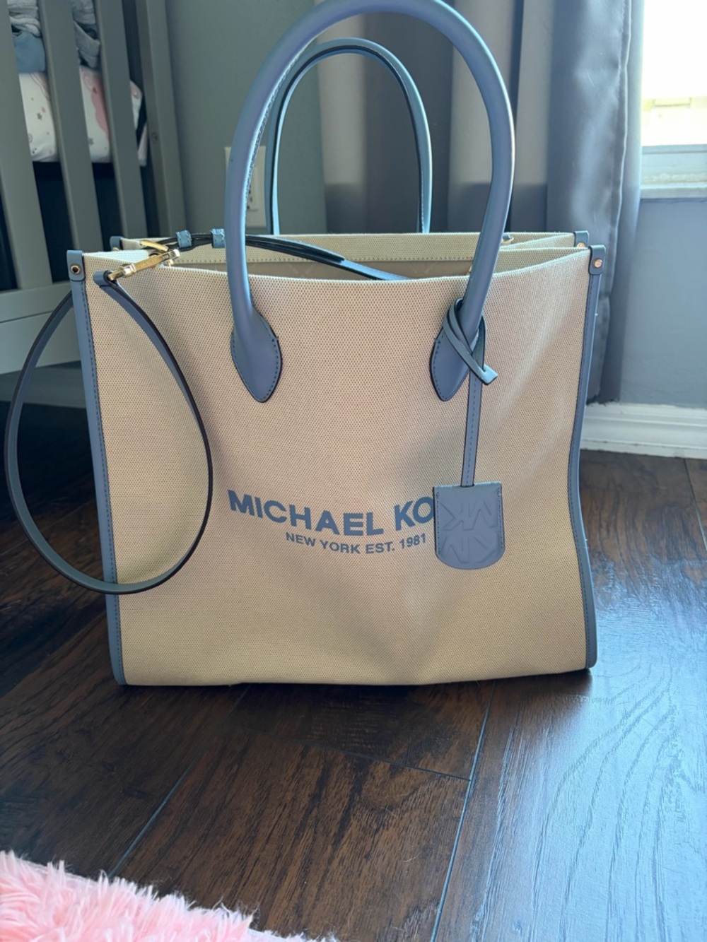 Michael Kors Beige Large Canvas Tote with Blue Trim and Handles
